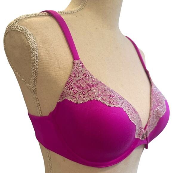 VICTORIA'S SECRET Pink Lined Perfect Coverage Bra Solid Lace Womens 32D - Picture 3 of 6